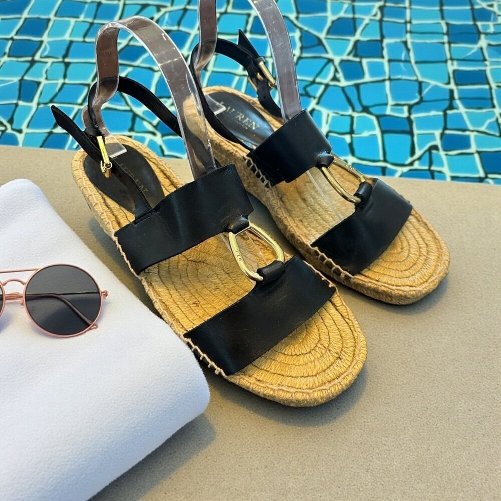 Lauren Ralph Lauren Black Leather Espadrille Sandals Women's Size 8.5 B